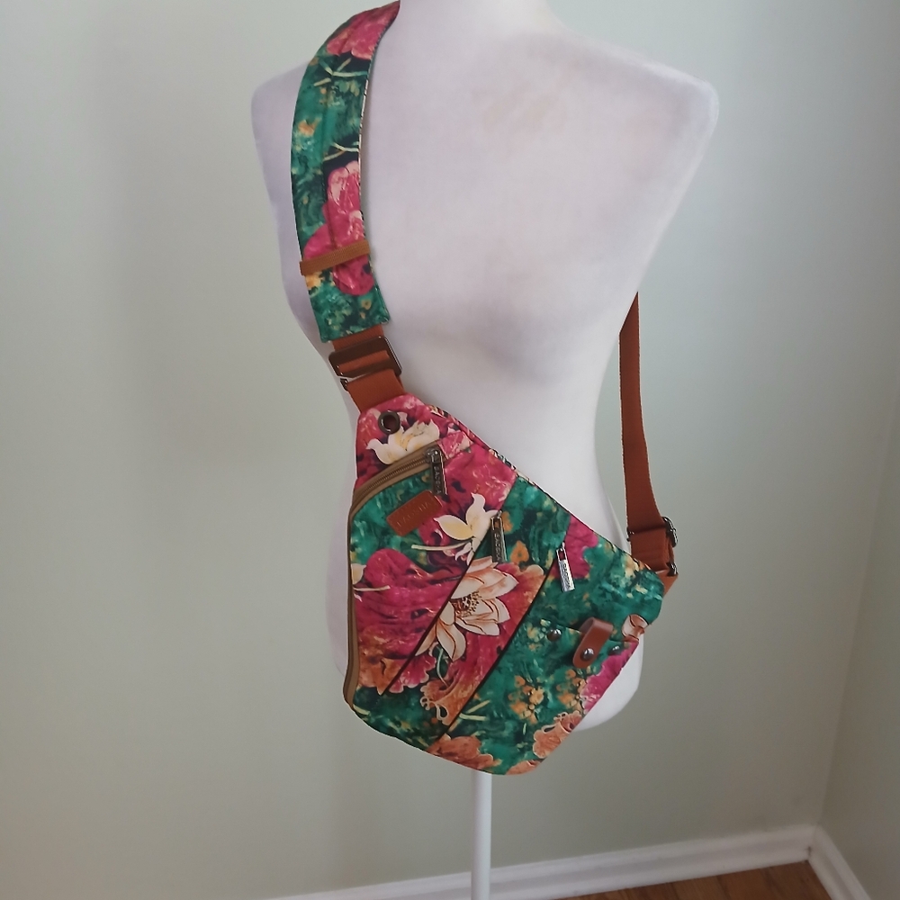Floral Sling Crossbody Bag - Green & Pink